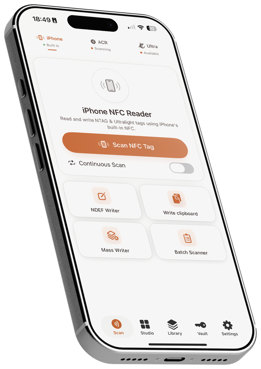 PocketNFC running on iPhone — Scan tab showing NDEF Writer, Write clipboard, Mass Writer and Batch Scanner tools